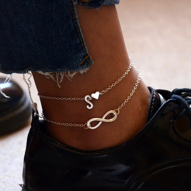 Vintage Silver Anklet Female Letter Heart Bohemian cheville Boho Charm Jewelry Infinity Ankles Bracelets for Woman