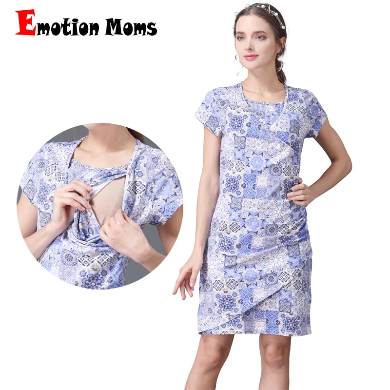 Emotion Moms Short Sleeve Summer Maternity Dress Printed Cotton Nursing