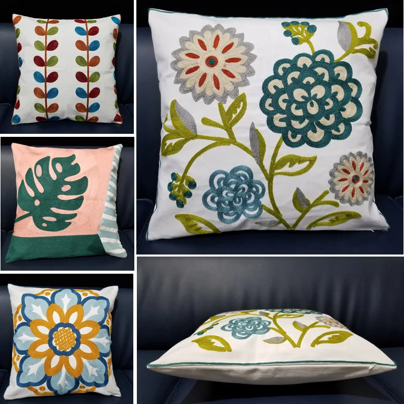 

Green Embroidery Cushion Cover Tree Leaves Handmade Square Pillow Case with Embroidered For Sofa Seat Simple Home Decor 45*45cm