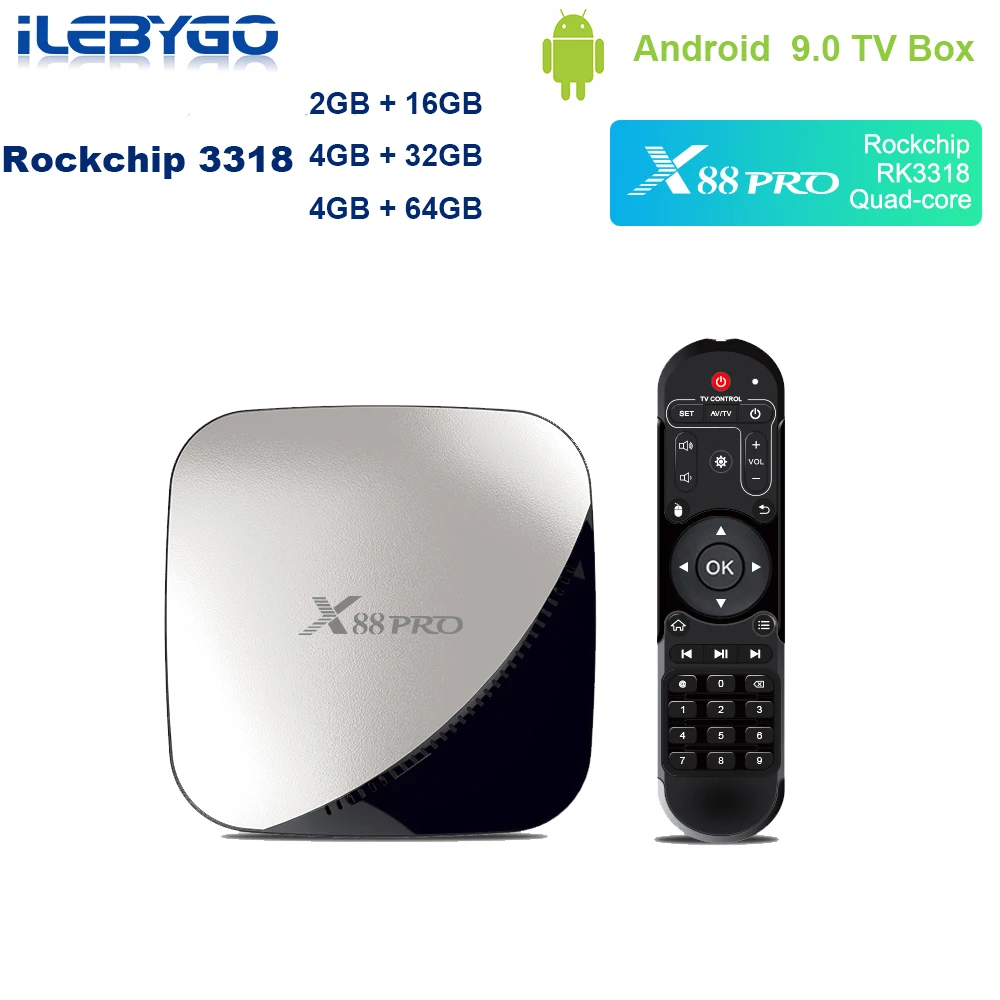 Ilebygo X88 PRO Android 9,0 Smart ТВ коробка 4 Гб 64 Гб с двумя камерами, процессор Rockchip RK3318 Quad core WI-FI H.264 4 K Google Play YouTube Декодер каналов кабельного телевидения