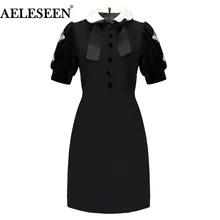AELESEEN Runway Designer Patchwork Black Dress 2018 Fall Winter Peter Pan Collar Handmade Crystal Beading Velvet Dress Women AELESEEN Runway Designer Patchwork Black Dress 2018 Fall Winter Peter Pan Collar Handmade Crystal Beading Velvet Dress Women