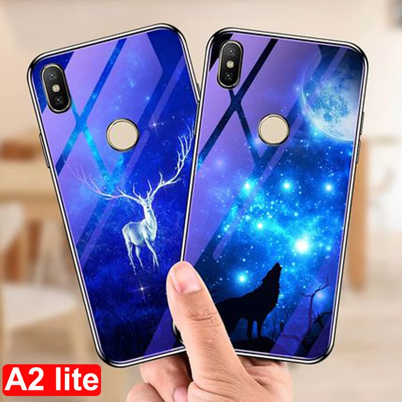 5.84&quot For xiaomi mi A2 lite Case wolf deer blue Tempered glass hard cover A2lite case miA2 Protective cases | Мобильные телефоны
