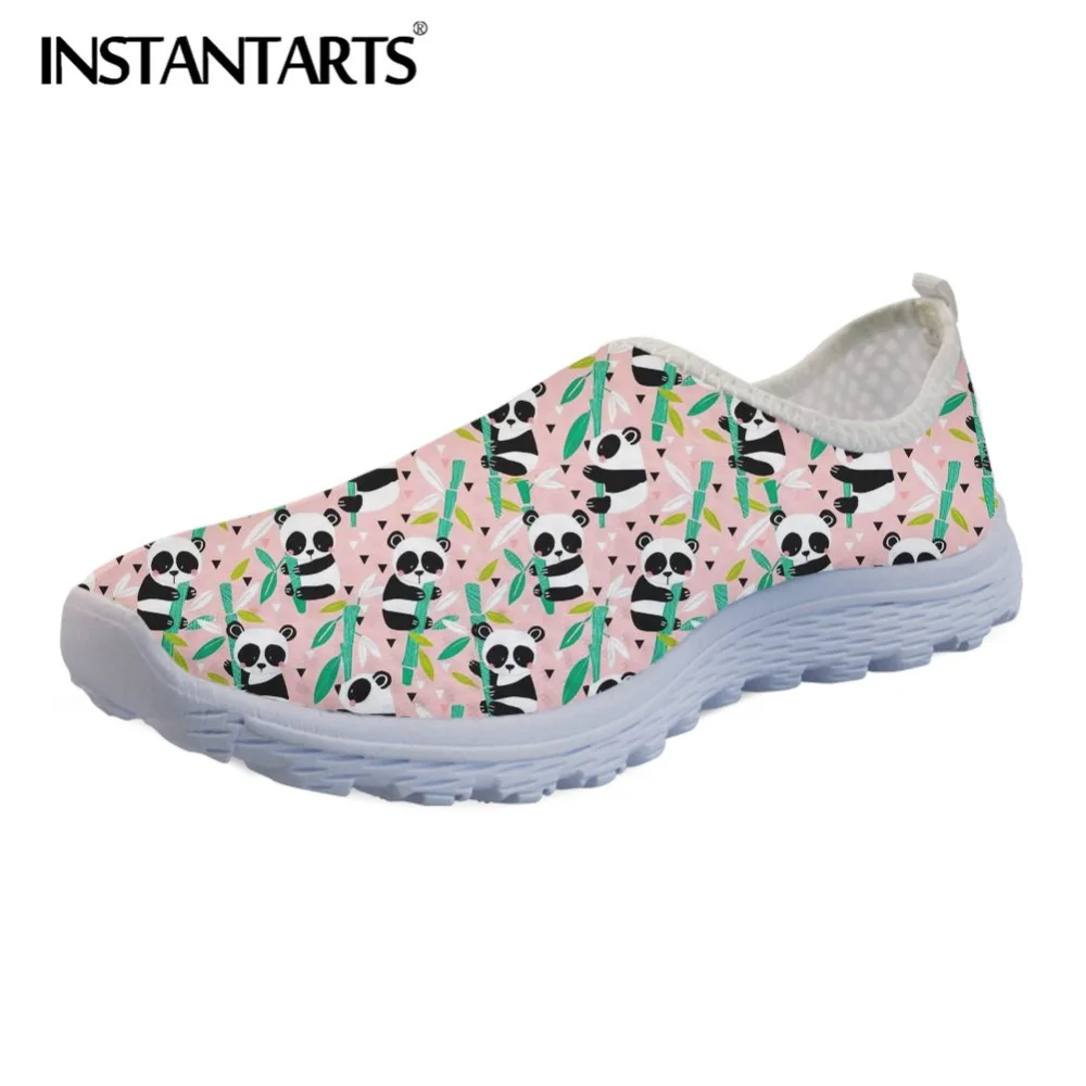 

INSTANTARTS Pink Summer Sneakers Shoes for Ladies Women Slip-on Mesh Flats Cute Cartoon Panda Print Youth Girl Beach Loafers