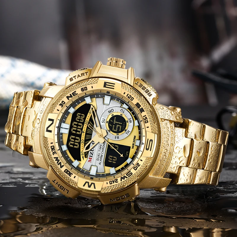 MIZUMS Military Wrist Watches LED Digital Sport Watch Men Gold Stainless Steel Band Dual Time Quartz Clock Man Relogio Masculino