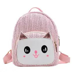 Соломенный Детский рюкзак с рисунком кота, мини-сумки на плечо, плетеная солома, пляжная сумка для девочек, школьный ранец, маленький рюкзак