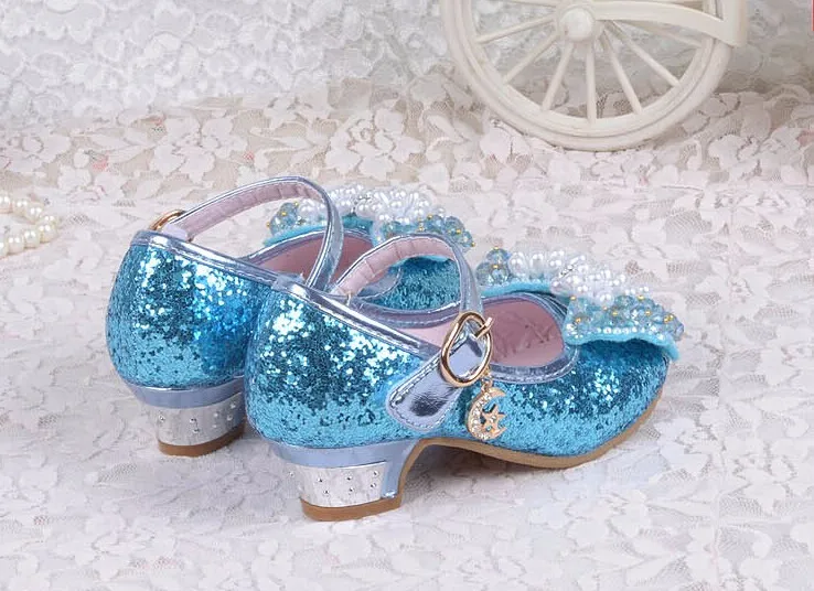 2019 Новый Снежная королева детская обувь блестящие пайетки кожаная женская обувь сандалии обувь на каблуках для девочек принцессы вечерние