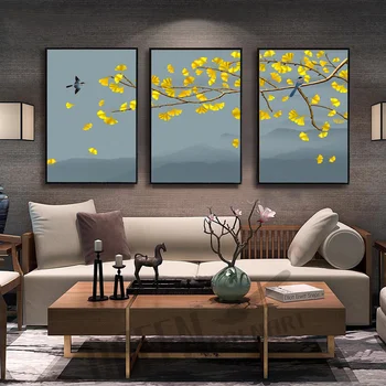 

Canvas Painting Posters Wall Art Pictures Neo-Chinese Style Ginkgo Tree Picture Triptych for Living Room Home Decor No Frame
