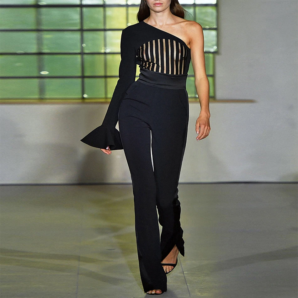 Newest Celebrity Party Bandage Jumpsuit Women Black Flare Sleeve One