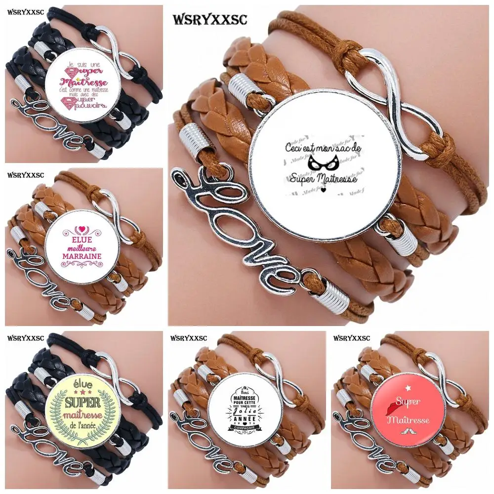

For Men Women Gift Color Jewelry With Glass Cabochon Multilayer Black/Brown Leather Bracelet Bangle Super Maitresse