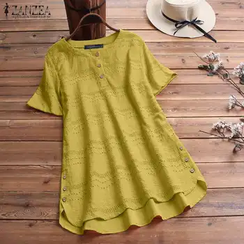 

ZANZEA Summer Cotton Linen Blouse Women Vintage Hollow Out Tops Casual Short Sleeve Solid Shirt Female Blusas Robe Femme Chemise