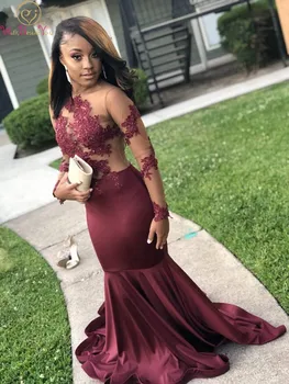 

Burgundy Evening Dress Tulle Applique Top Sexy Backless Full Sleeve O-neck Mermaid Satin Sweep Train Plus Size Zipper Prom Gown