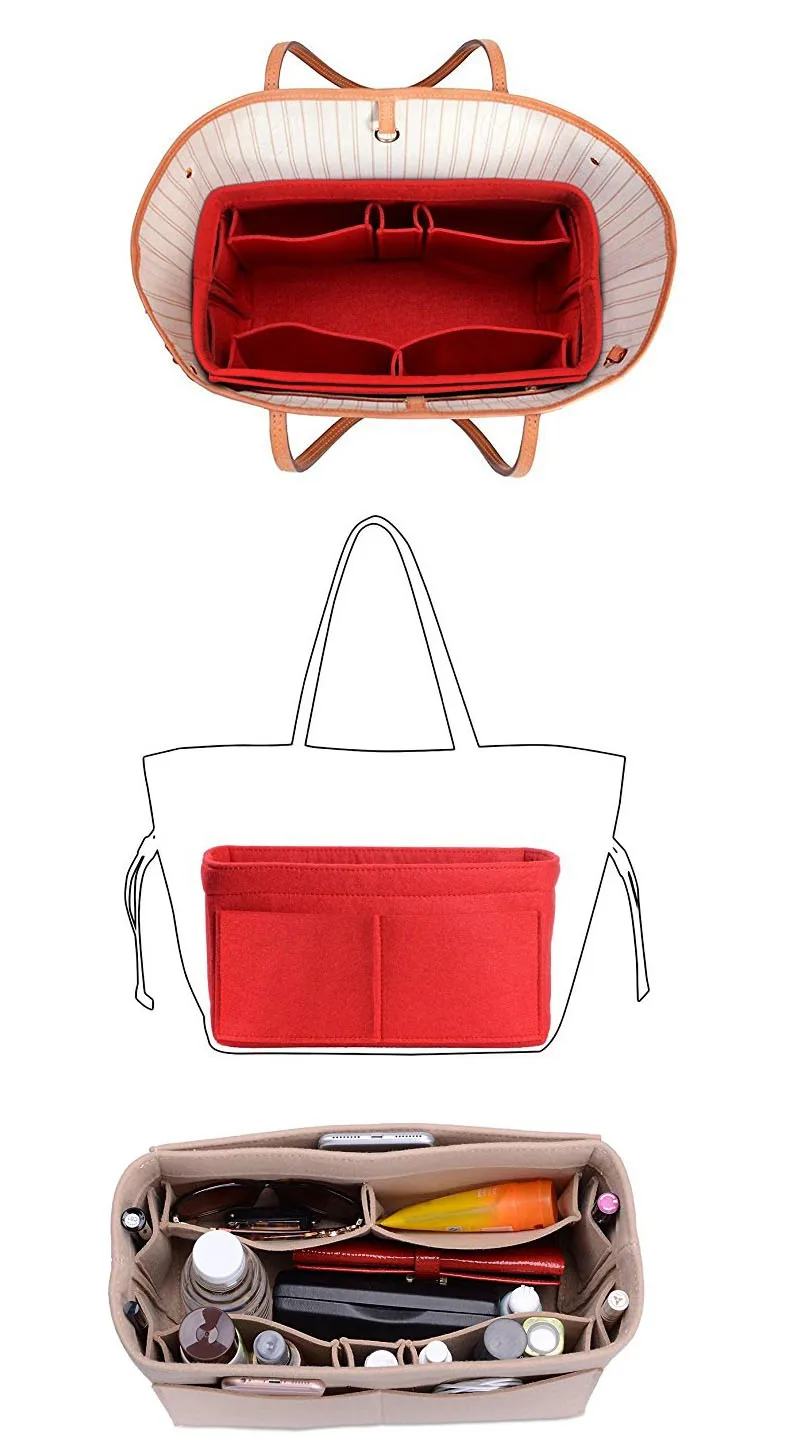 Органайзер для макияжа, сумка-вкладыш для сумки, фетровая сумка на молнии, внутренний кошелек для путешествий, подходящая косметичка, подходящая для различных брендовых сумок
