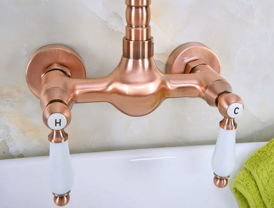 Antique Red Copper Brass Wall Mounted Bathroom Kitchen Sink Faucet Swivel Spout Mixer Tap Dual Ceramics Handles Levers anf948