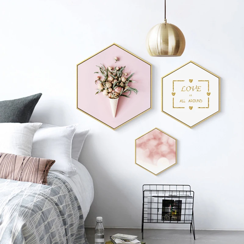 Pink Romantic Flower Hexagon Wall Art Canvas Printed Wall 