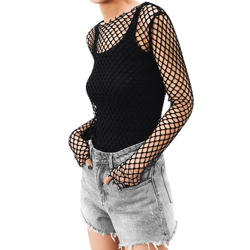 Mujeres atractivas ahuecan hacia fuera la camisa de red de malla Casual Skinny de manga larga ver a través de Camisetas Tops Camisetas de Mujer moda chicas Mujeres atractivas ahuecan hacia fuera la camisa de red de malla Casual Skinny de manga larga ver a través de Camisetas Tops Camisetas de Mujer moda chicas