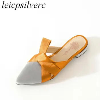 

Women Slippers Mules Shoe Summer Low Heel Flock Pointed Toe 2018Spring Outside Casual Sweet Slides Sexy New Fashion Beige Yellow