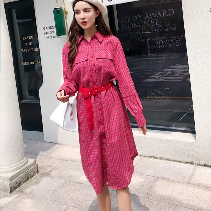 

Women plaid dress 2019 spring autumn female vintage elegant long sleeve loose casual office lady blouse dress long shirts