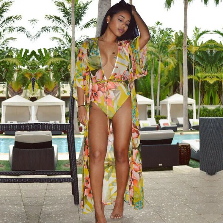 Coloful пикантные Для женщин шифон цветочные купальник бикини Cover-Up парео Robe De Plage пляж монокини Купальники для малышек ванный комплект
