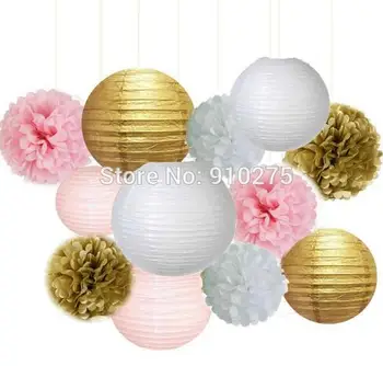 

12pcs Mixed Gold Pink White Party Tissue Pom Poms Hanging Paper Lantern Nautical Themed Wedding Decor