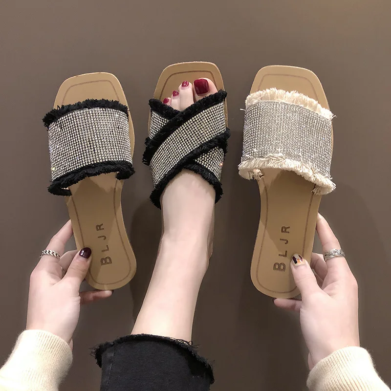 

LTARTA 2019 Summer Women Crystal Slipper Rhinestones Square Head Flat Out Female Sandals Slippers FZZ-5611