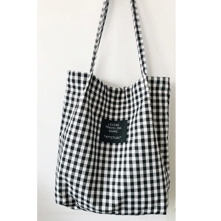 

Fashion Durable Women Student Cotton Linen Single Shoulder Bag Shopping Tote Check Plaid Female Flax Canvas Shopping Bags