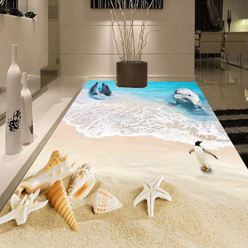 

Custom Photo Floor Wallpaper Beach Dolphin Penguin Bathroom Floor PVC Self-adhesive Wallpaper Waterproof Papel De Parede
