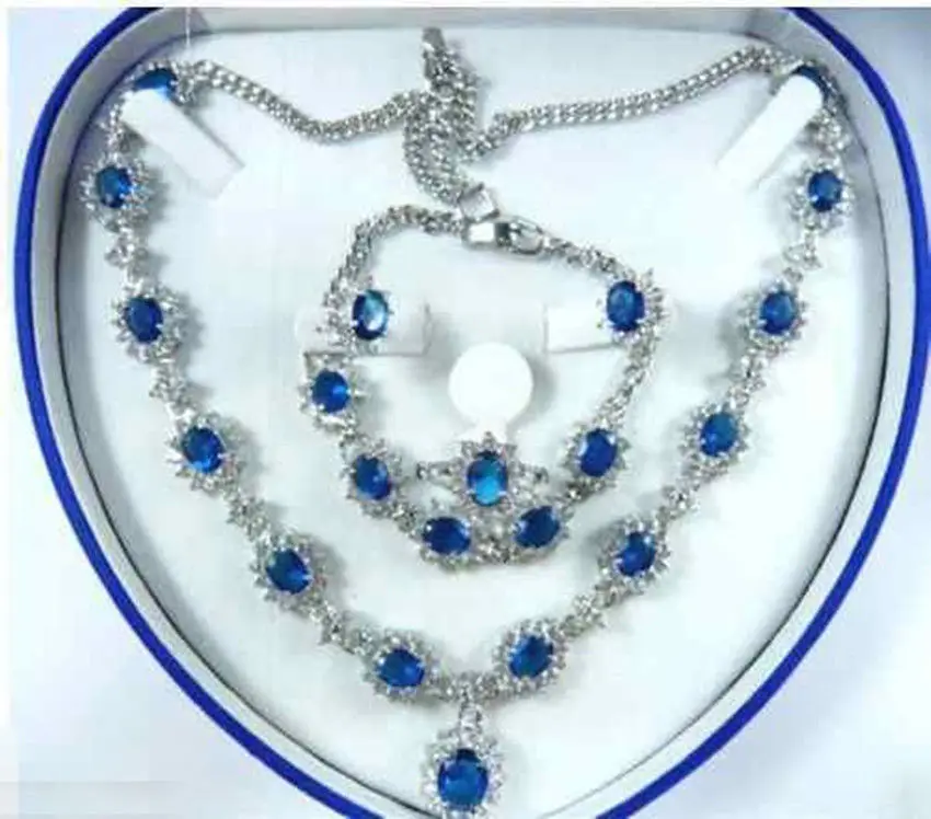 Fashion Jewellery Women Set blue Zirconia Necklace Earring Ring Bracelet>>18K GP Plated gold Bridal wide watch wings queen JEWE