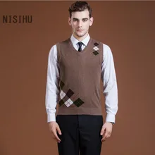 Высокое качество Для мужчин, вязаный жилет с v-образным вырезом для кашемировый свитер без рукавов большого размера модная клетчатая шерсть; жаккард свитер жилет для мужчин