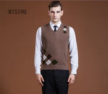 

High Quality Men's V-Neck Cashmere Sleeveless Sweater Fashion Plaid Wool Jacquard Sweater Vest for Man