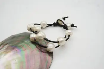 

New Arriver AA + 9-11MM Natural Color White Pearl 2 Rows Real Leather Bracelet Genuine Freshwater Pearl Bracelet