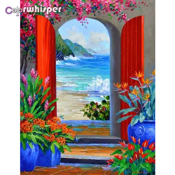 

ColorWhisper Daimond Painting 5D Full Square/ Round Window Outside Boat Door Scenery Diamond Painting Cross Stitch Mosaic 816DP
