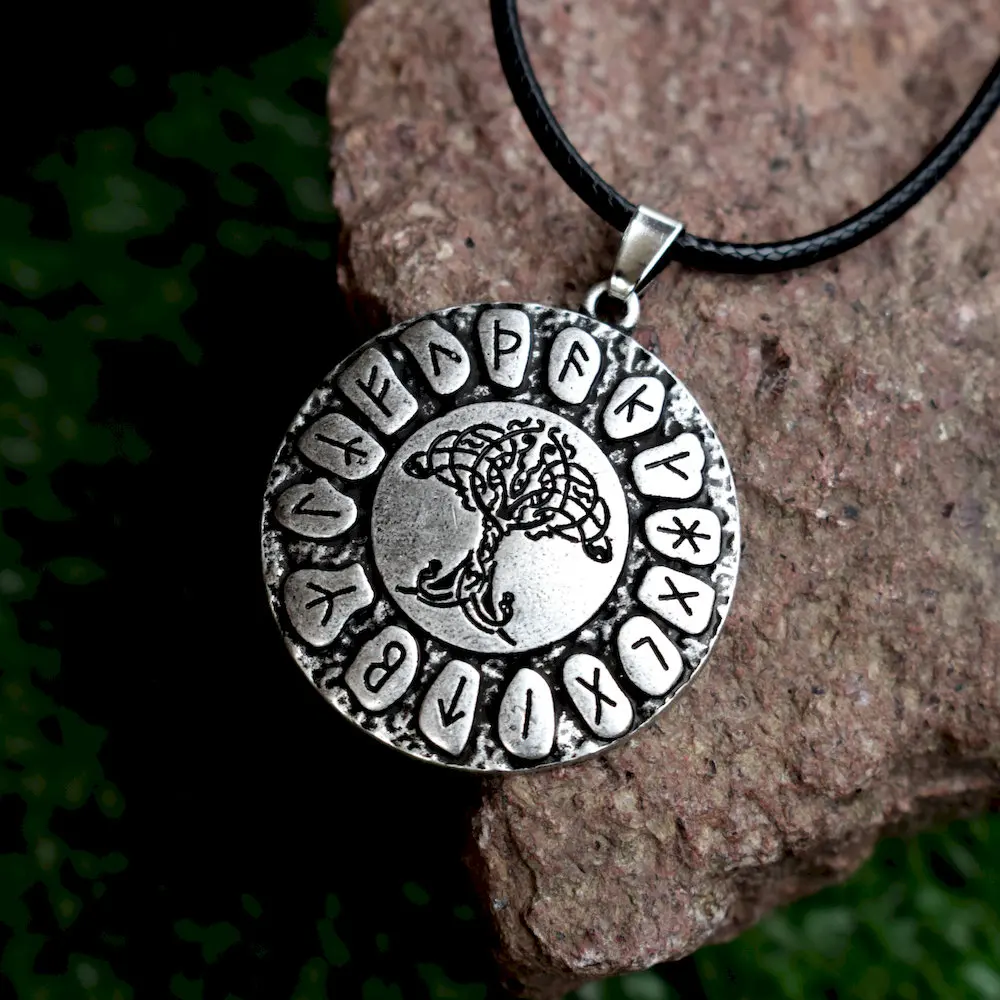 Viking Yggdrasil Runes Pendant World Tree Chain Silver Tree of Life Medieval 