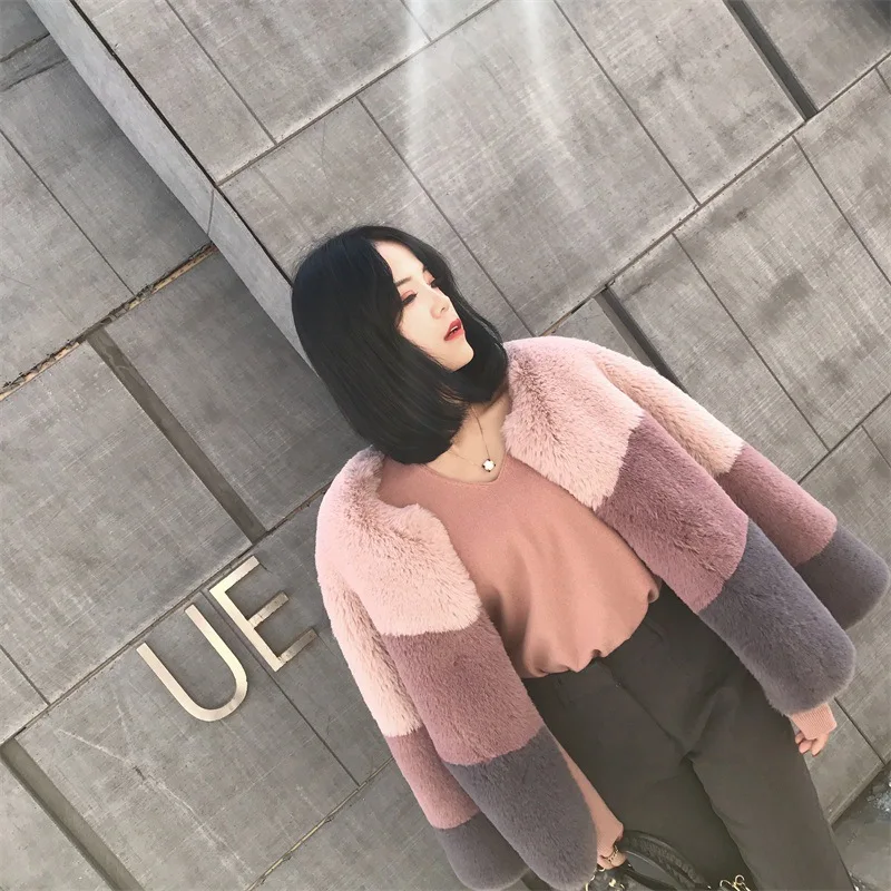 

UPPIN Vintage Pink Colored Fur Coats Women Elegant Furry Jacket O-Neck Faux Rabbit Fur Coat Short Style Outerwear Female Jacket