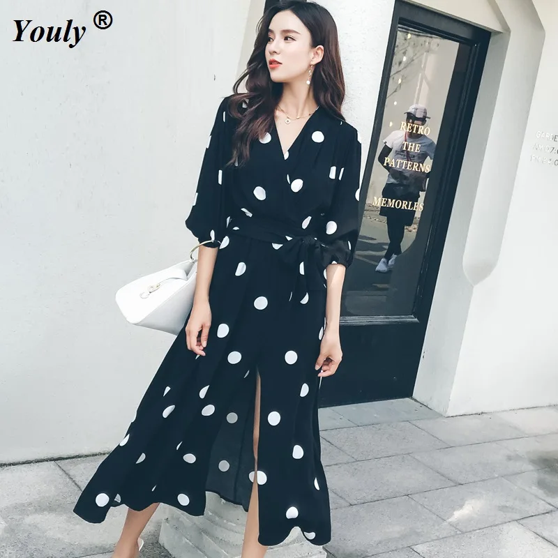 

Elegantly Women Dot Party Dress 2019 Spring Vintage Fashion V-neck Ladies Long Mid Dress Casual Half Sleeve Dot Dress Female