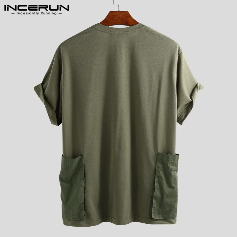 Летняя мужская футболка с карманами, одноцветные повседневные футболки с коротким рукавом, Мужская Уличная одежда, Camisetas Hombre, свободные футболки для пары INCERUN 5XL