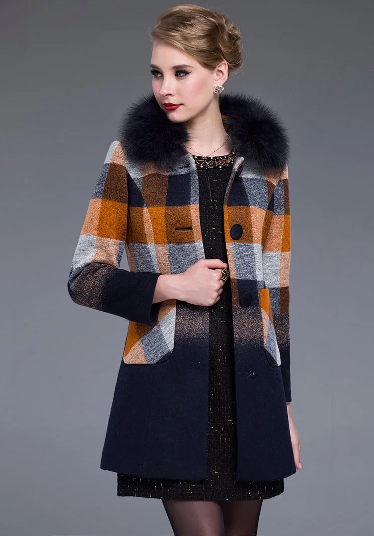 Зимнее шерстяное пальто женский меховой воротник британский стиль сетка кашемировая длинная куртка женская плюс размер 4XL