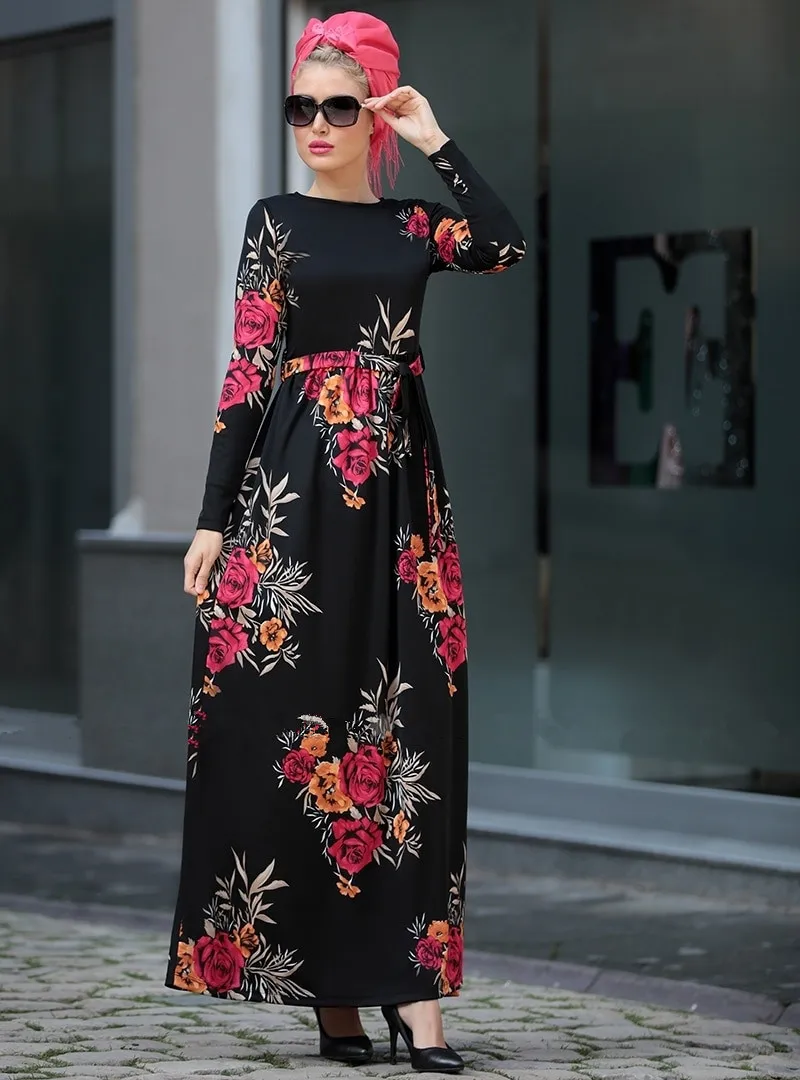

2019 Fashion Women Islamic Clothing Black Printed Flower Dress O Neck Long Sleeve Saudi Arab Dubai Robe Ramadan Abaya Dress