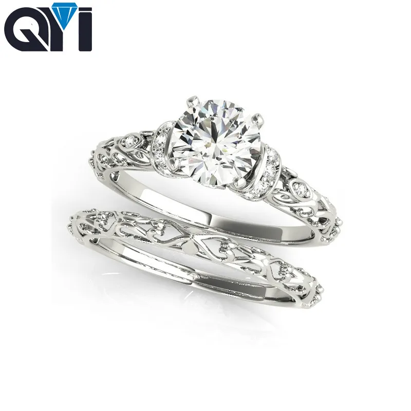 QYI Vintage Style 925 Silver Ring Sets 0.75 ct Round cut Sona Jewelry Simulated Diamond Wedding Engagement Rings for Women | Украшения и