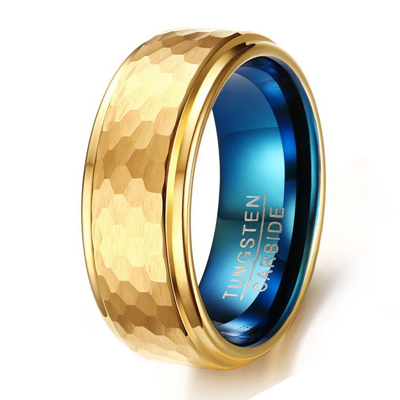 8mm Hammered Finish Men's Tungsten Ring Gold and Blue Plated Wedding