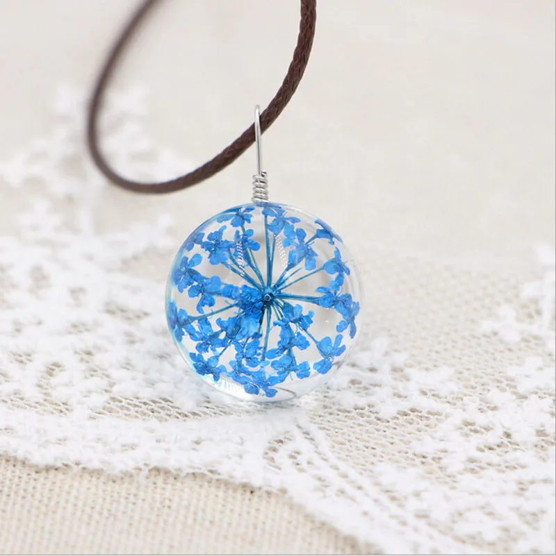 Женское Ожерелье прессованный высушенный цветок хрустальный стеклянный шар Подвеска Шарм Модный натуральный Вишневый прозрачный счастливый стеклянный шар