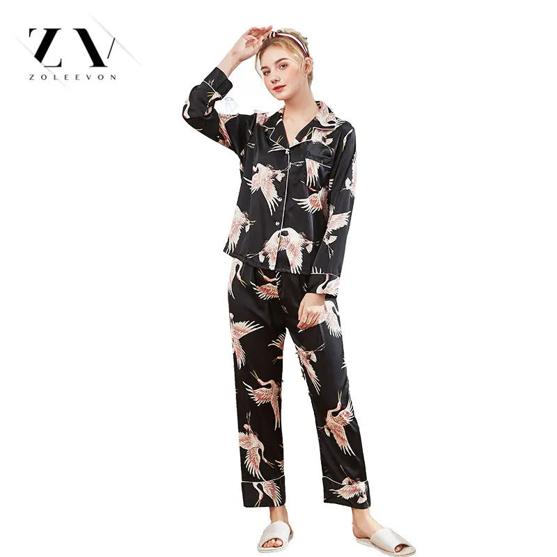 

ZOLEEVON Silk Pajamas Women Birds Two Piece Pants Pyjama Set Lingerie Clothes Satin Suit Full Length pijama feminino