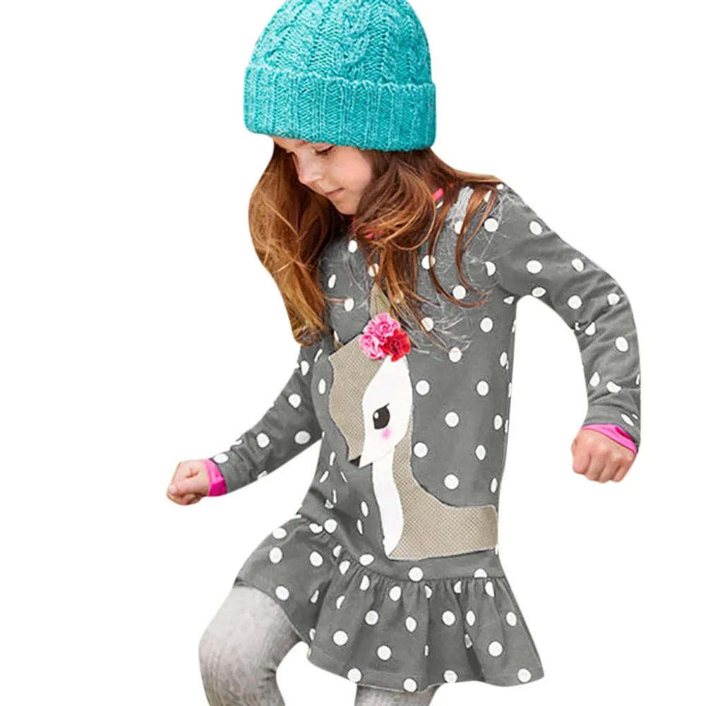 Детская одежда для маленьких девочек, топы с длинными рукавами и рисунком оленя, платье-рубашка с принтом в горошек