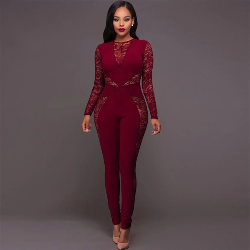 

Lace Patchwork Hollow out Jumpsuit Print Sexy nightclub wear Long Sleeve Women Elegant Slim pencil Pants Jumpsuits beachwear