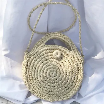 

Women Retro Beach Straw Bag New Fashionable Rattan Woven Round Handbags Ladies' Soild Color Messenger Shoulder Bag Hot Selling