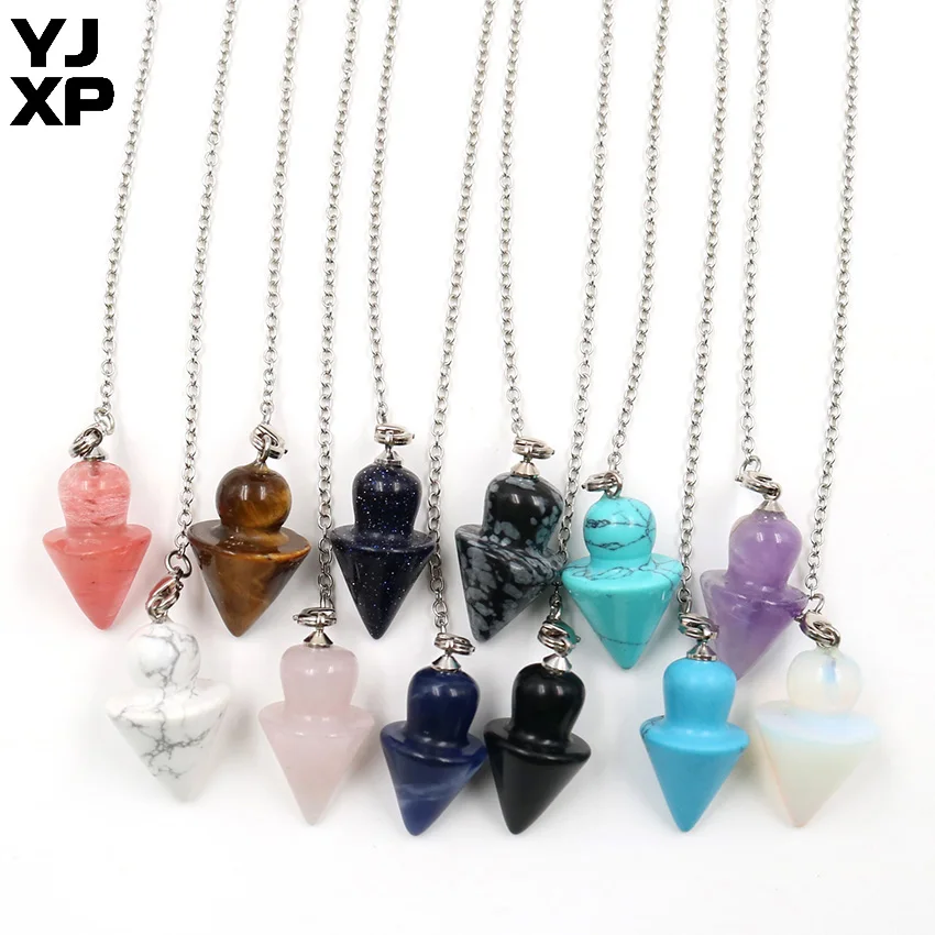 

YJXP Natural Stone Small Gyro Pendulum Chain Pendant Geometry Pyramid Dowsing Divination Reiki Healing Balancing Jewelry 1 Pcs