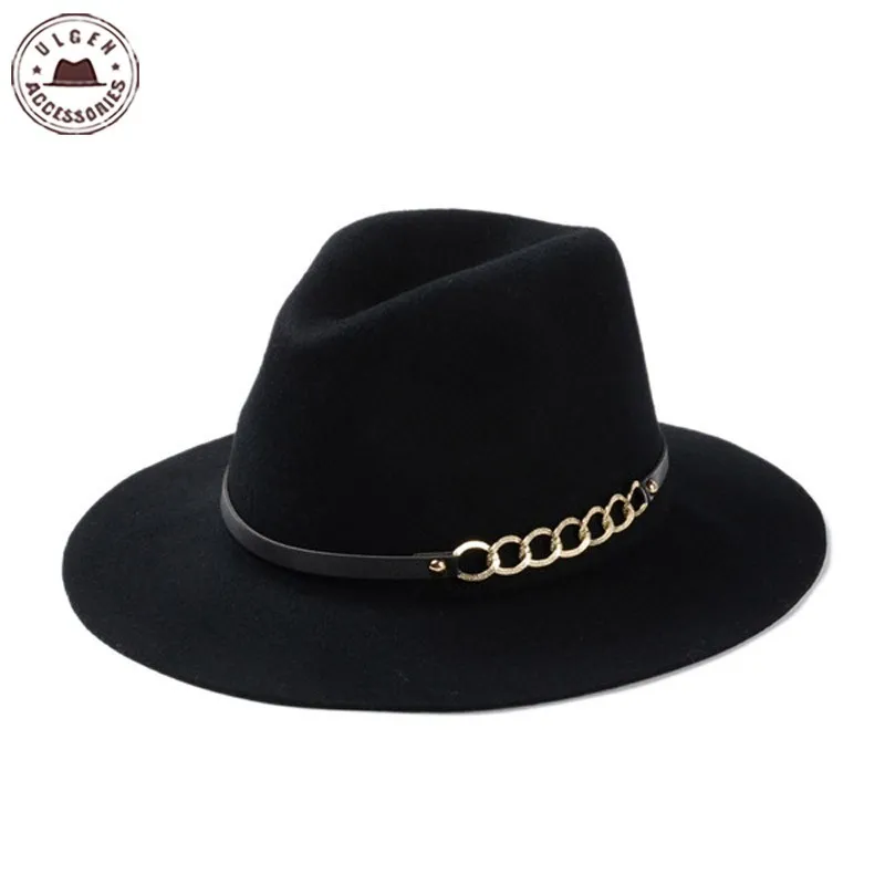 Новые модные черные шляпы для мужчин из чистой шерсти Большие Полями зимние красные шляпы для женские шляпы-федоры [HUB017]