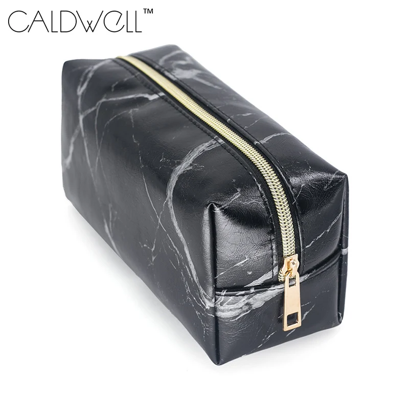 Women Cosmetic Bag PU Leather Marbling Zipped Brush Organizer Travel