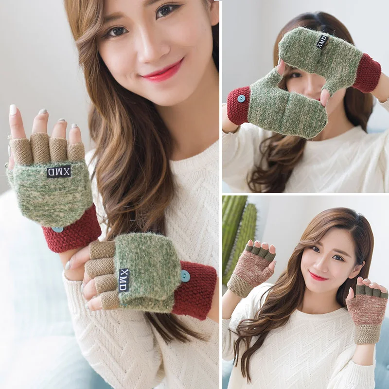 Women cute Knitted Flip Top Gloves Winter Wool Gloves Mittens Warm