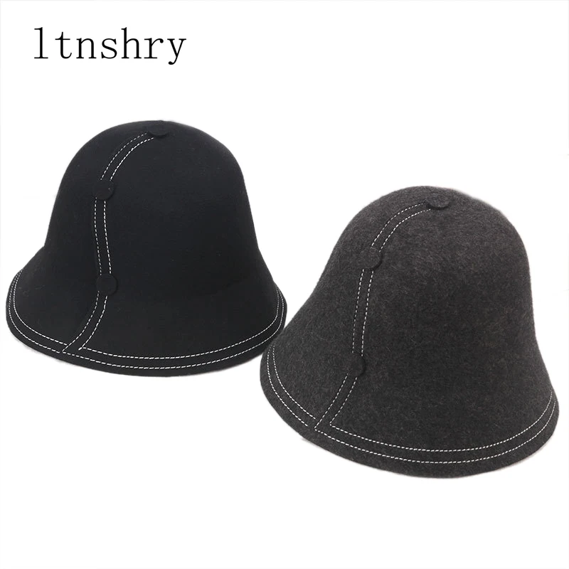 

2019 New High Quality Korean Style Vintage Bucket Hat Warm Fedoras Winter Women Hats black Color Pathwork Real wool Cap Top Hat
