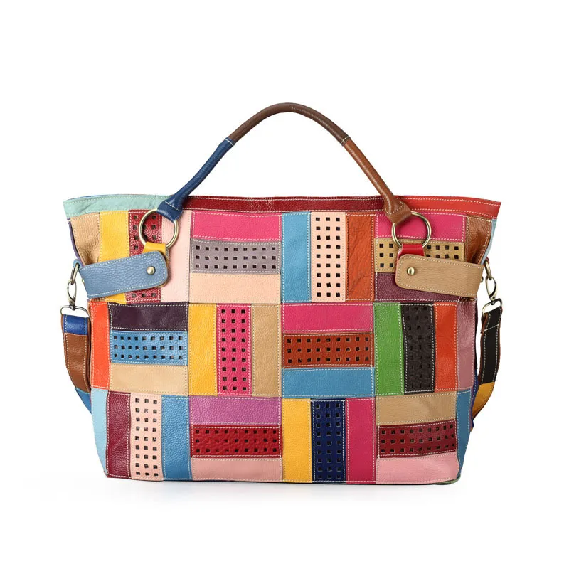 

Genuine Leather Luxury Designer Top-Handle Handbags Colorful Patchwork Cowhide Women Tote Shoulder Bag Lady Messenger Bags XY01